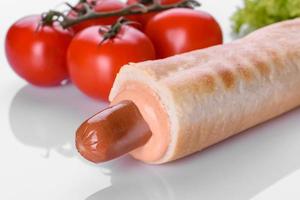 Delicious fresh French hot dog grill with a bun, dairy sausage and sauce photo