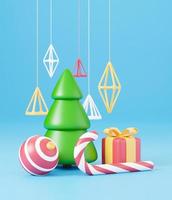 New Year and Christmas 3d design. Realistic gifts box, xmas fir tree, ball, candy and decorative elements holiday banner. 3d render image of christmas holiday photo