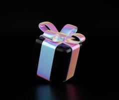 Christmas holographic gift box. Creative discount concept, festive giveaway offer, holiday sales illustration, falling holographic gift boxes 3d render illustration. Minimal gift present banner photo