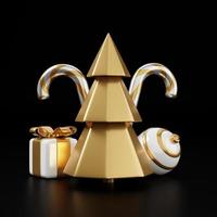 Luxury christmas 3d render banner or greeting card. Modern Minimal New year and Christmas gold and black Decoration with tree, candy, ball, gift box on black background photo