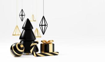 Luxury christmas 3d render banner or greeting card. Modern Minimal New year and Christmas gold and black Decoration with tree, candy, ball, gift box on black background photo