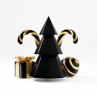 Navidad de lujo 3d render banner o tarjeta de felicitación. Año nuevo mínimo moderno y decoración navideña dorada y negra con árbol, caramelo, bola, caja de regalo sobre fondo negro foto