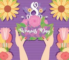 día de la mujer, manos femeninas con arreglo floral tarjeta de felicitación floral vector