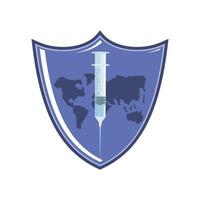 vacuna mundial, protección de jeringa de escudo contra covid 19 vector