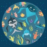 orca whale fishes coral reef sea life underwater world vector