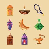 set ramadan arabic islamic celebration icons vector