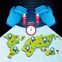 world vaccine time to vaccinate, map and hands with vial covid 19 coronavirus vector