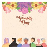 día de la mujer, diversidad, cultura femenina, etnia y edad, caricatura con tarjeta de flores. vector