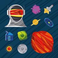 space icons set astronaut spaceship planet moon telescope and sun vector