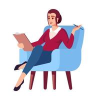 empresaria en sillón semi plano rgb color ilustración vectorial. mujer ejecutiva. mujer con portapapeles. trabajo remoto. consulta de psicologia. personaje de dibujos animados aislado sobre fondo blanco vector