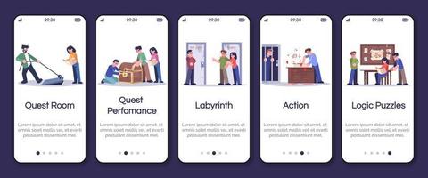 Escape room onboarding mobile app screen vector template. Quest room, logic puzzle, labyrinth. Walkthrough website steps with flat characters. UX, UI, GUI smartphone cartoon interface concept