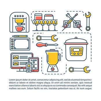 Household electronics industry article page vector template. Brochure, magazine, booklet design element with linear icons and text boxes. Print design. Concept illustrations with text space