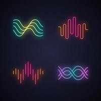 Sound waves neon light icons set. Glowing signs. Audio waves. Sound, voice recording. Music rhythm logotype. Soundwave, digital waveform frequency. Dj track playing. Vector isolated illustrations