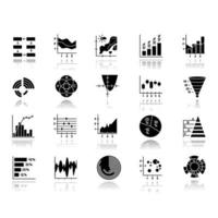 Chart and graph drop shadow black glyph icons set. Pie, Venn diagram. Horizontal, vertical histogram. Scatter, area chart. Pareto curve. Temperature map. Polar watch. Isolated vector illustrations