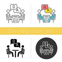 Personal interview survey icon. Questions and answers poll. Social research. Customer satisfaction. Feedback. Evaluation. Glyph design, linear, chalk and color styles. Isolated vector illustrations