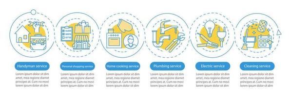 servicios para el hogar vector plantilla de infografía. servicio de manitas. elementos de diseño de presentación de negocios. visualización de datos, seis pasos y opciones. gráfico de la línea de tiempo del proceso. diseño de flujo de trabajo, iconos lineales