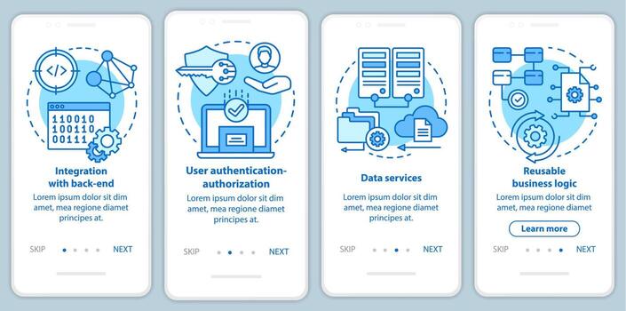 Software development onboarding mobile app page screen vector template. Application programming. Walkthrough website steps with linear illustrations. UX, UI, GUI smartphone interface concept