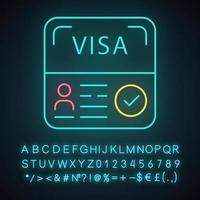 Poner en marcha el icono de luz de neón de visa. permiso de residencia temporal. documento de viaje. inmigración. visa de empresarios extranjeros. signo brillante con alfabeto, números y símbolos. vector ilustración aislada