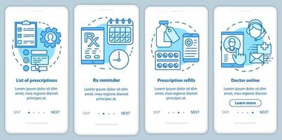 Prescription list and online pharmacy onboarding mobile app page screen with linear concepts. Rx refills. Four walkthrough steps graphic instructions. UX, UI, GUI vector template with illustrations