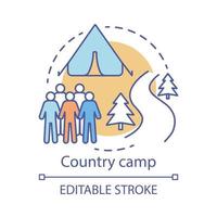 Country camp concept icon. Summer hiking and camping club, holiday resort idea thin line illustration. Travelling in woods, backpacking in forest. Vector isolated outline drawing. Editable stroke