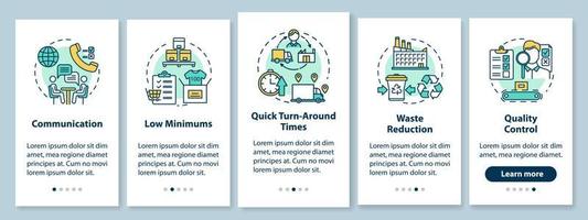 Advantages of local production onboarding mobile app page screen with linear concepts. Communication. Five walkthrough steps graphic instructions. UX, UI, GUI vector template with illustrations