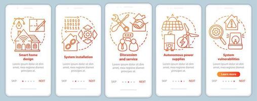 Plantilla de vector de pantalla de página de aplicación móvil de incorporación de hogar inteligente. diseño y servicio de sistemas domóticos. paso a paso del sitio web con ilustraciones lineales. concepto de interfaz de teléfono inteligente ux, ui, gui