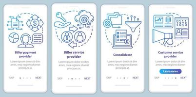 servicios de facturación incorporación de plantilla de vector de pantalla de página de aplicación móvil. pago de facturador, proveedor de asesoramiento. paso a paso del sitio web con ilustraciones lineales. concepto de interfaz de teléfono inteligente ux, ui, gui