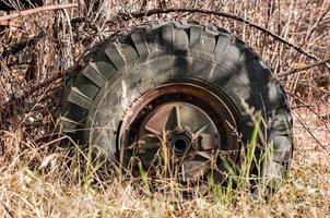 Pripyat, Ukraine, 2021 - Old tire in the grass in Chernobyl photo