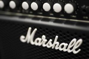 BELGRADE, SERBIA, JULY 23, 2018 - Detail of the Marshall amplifier in Belgrade, Serbia. Marshall Amplification is an English company that designs and manufactures music equipment, founded at 1960. photo