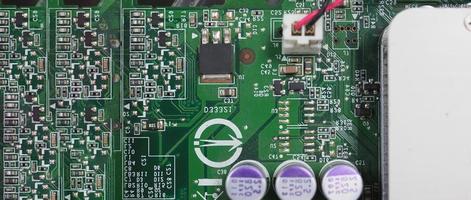 Semiconductor. cpu chip located on the green motherboard of the computer. photo