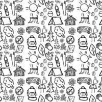 seamless pattern with icons on the theme of travel and hiking. Doodle vector with travel and hiking icons on white background.Vintage travel icons