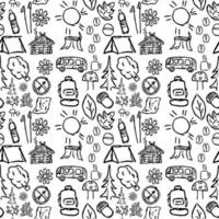 seamless pattern with icons on the theme of travel and hiking. Doodle vector with travel and hiking icons on white background.Vintage travel icons