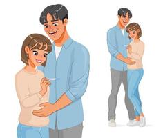 Happy pregnant Asian couple with pregnancy test vector illustration