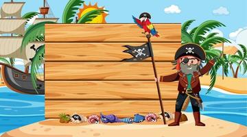 Capitán pirata en la escena diurna de la playa con una plantilla de banner de madera vacía vector