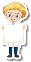 Cartoon character sticker with a boy in science gown holding empty banner vector