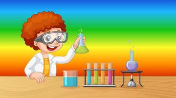 Scientist boy cartoon character on rainbow gradient background vector