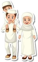 Sticker template with Muslim family cartoon character vector