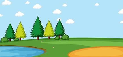 Empty park landscape scene with many trees and pond vector