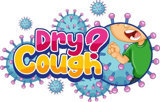 Dry Cough font design with coronavirus icons isolated on white background