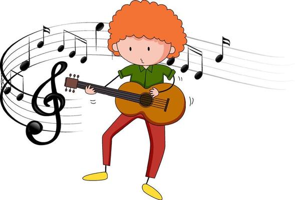 Cartoon doodle a boy playing guitar or ukulele with melody symbols