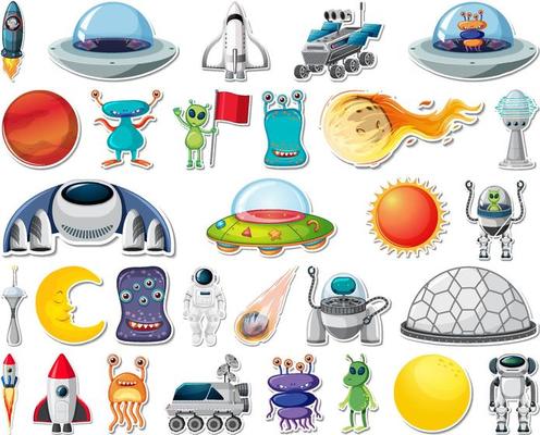 Set of stickers with Solar system objects isolated