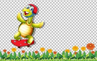 Turtle playing skateboard on grid background vector