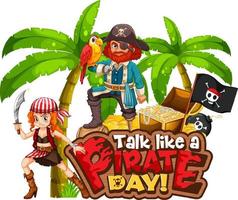 Talk Like A Pirate Day font banner with pirate cartoon character vector