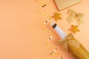 new year decoration flat lay top view on orange background photo