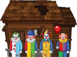 Creepy clowns standing in front of an abandoned house vector