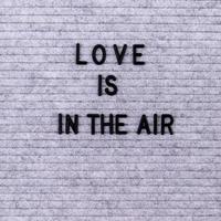 The words Love Is In The Air on gray felt letter board photo