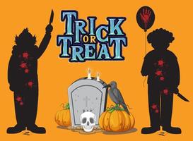 Trick or Treat text logo with creepy clowns silhouette vector