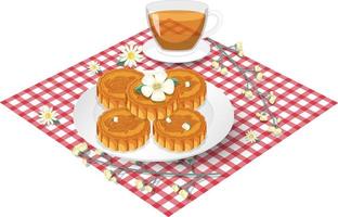 Pile of mooncakes with teacup set on tablecloth vector