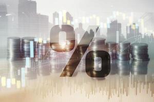 Percentage icon on financial stock market background. Double exposure of stack of coins and city photo