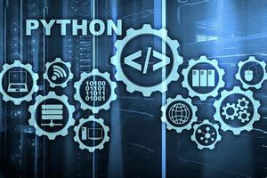 Python Programming Language on server room background. Programing workflow abstract algorithm concept on virtual screen photo